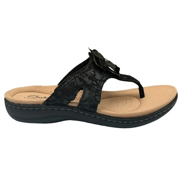 Clarks Women's Laurieann Gema Leather Thong Sandal Size 7 Black Arch Support - Picture 2 of 14